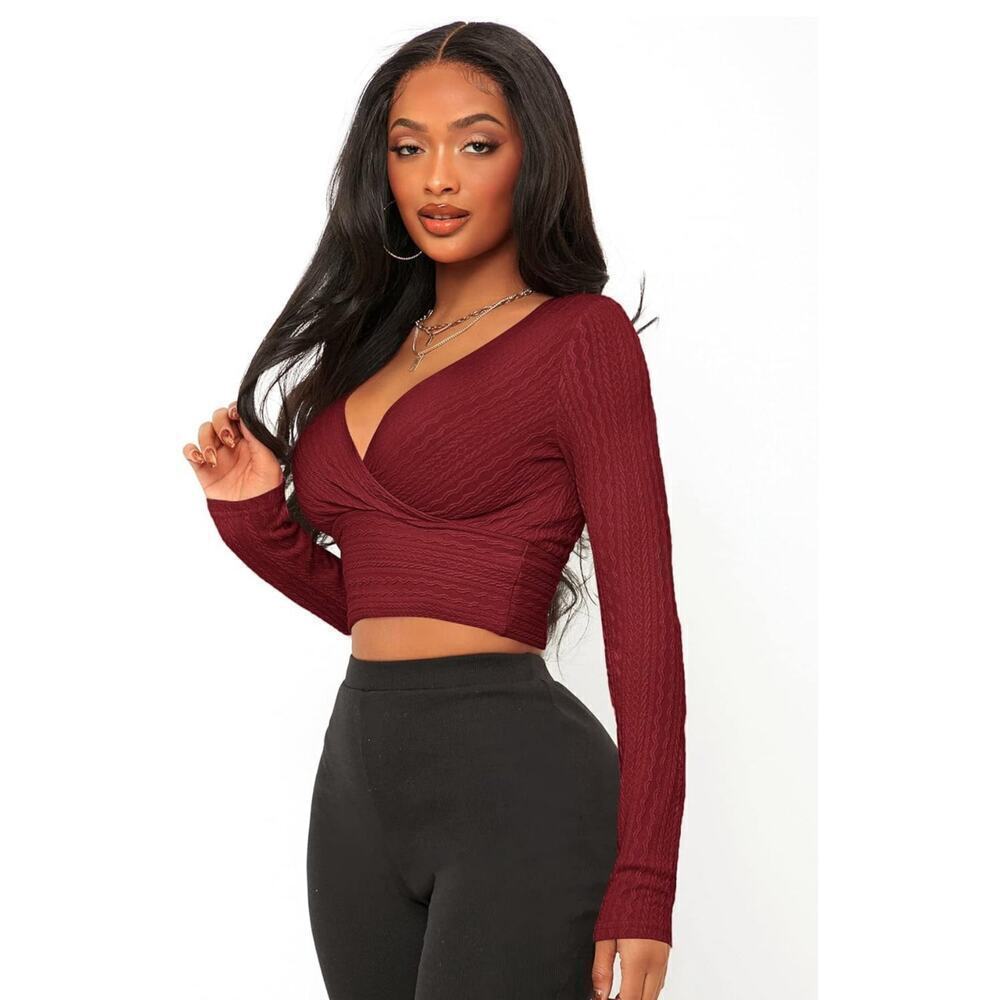 Women's Medium Long Sleeve Burgundy Crop Top with Surplice Neck, Wrap NWT​​​​​
